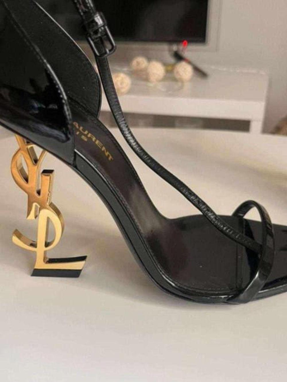 Supreme Black Patent Leather Heel Sandal with Gold Logo Heel